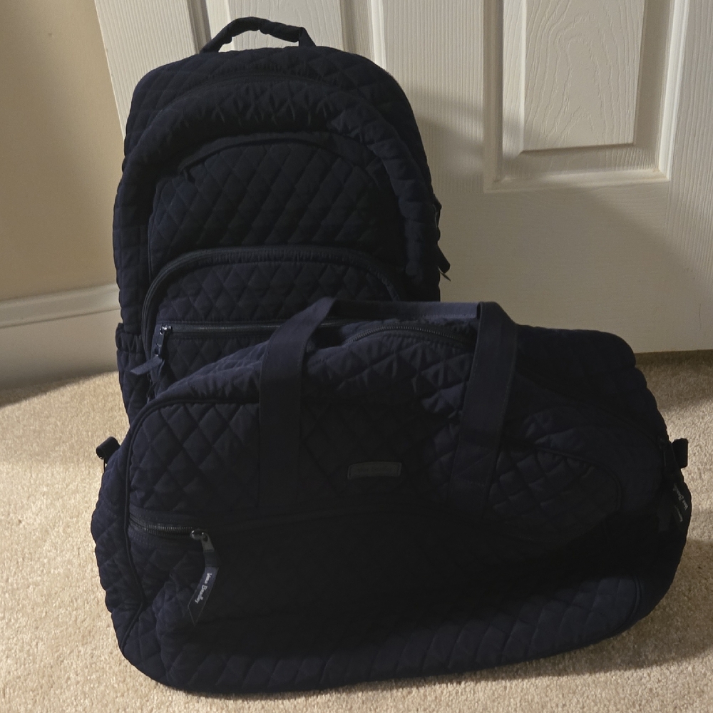 Vera Bradley Quilted Backpack and Weekender Bag Set In Navy Blue